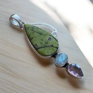 Atlantasite, Moonstone & Amethyst Solid 925 Sterling Silver Pendant